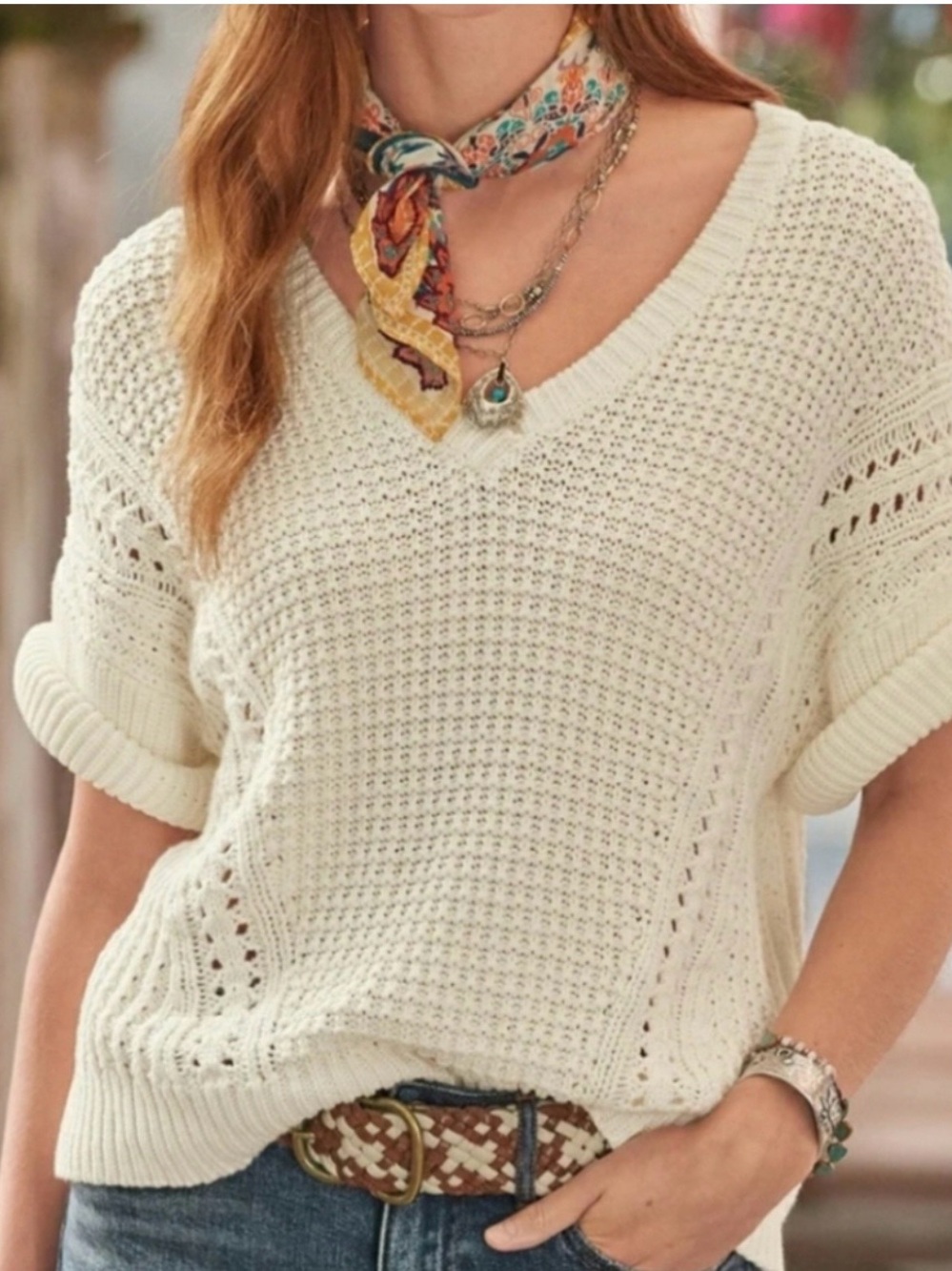 Sundance Ivory Open-Knit V-Neck Short Sleeve Sweater Women’s Size Medium